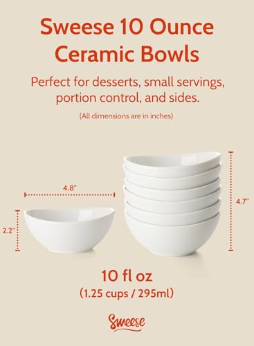 Sweese 10 oz Small White Porcelain Bowls - Set of 6 Dessert, Ice Cream, Snack & Yogurt Bowls, Ceramic Serving Bowls for Rice or Soup - Image 2