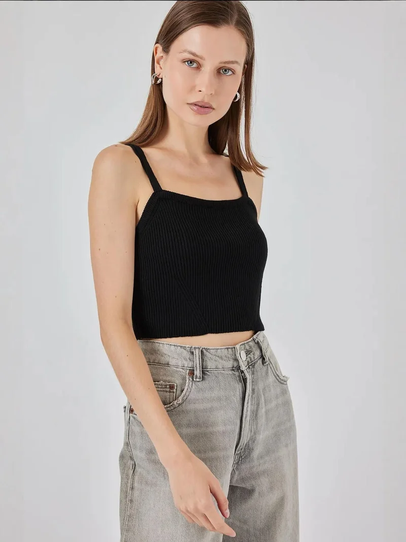 Big Dart Black BDART Square Collar Ribbed Knit Crop Top for Women | Best Price UAE