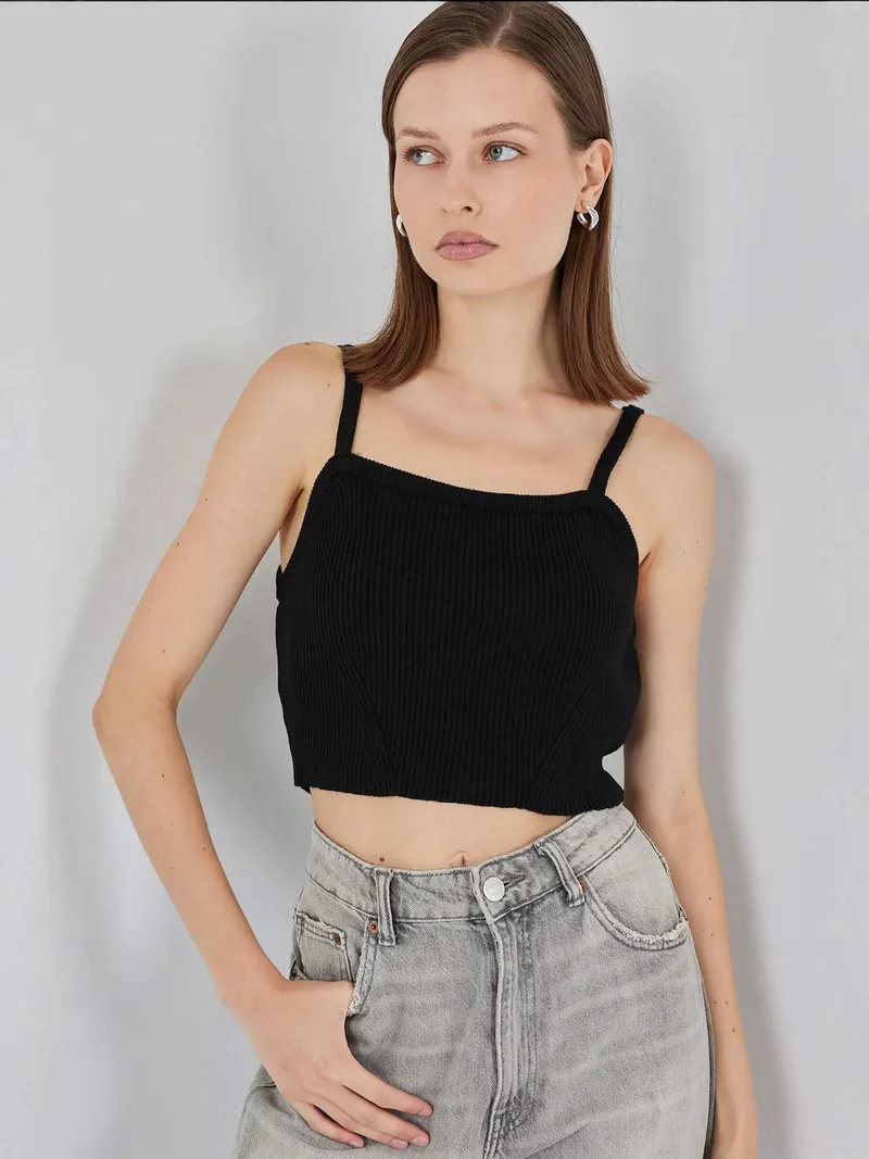 Big Dart Black BDART Square Collar Ribbed Knit Crop Top for Women | Best Price UAE
