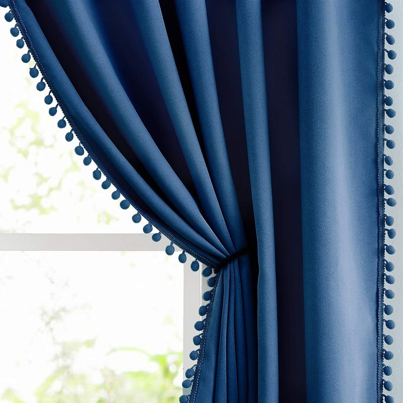 Pom Pom Curtains 95 Blue Blackout Curtains for Bedroom Living Room 95 inch Triple Weave Full Blackout Window Drapes for Hotel Mens Guest Room 52 w x2 Panels Rod Pocket Navy Royal Blue