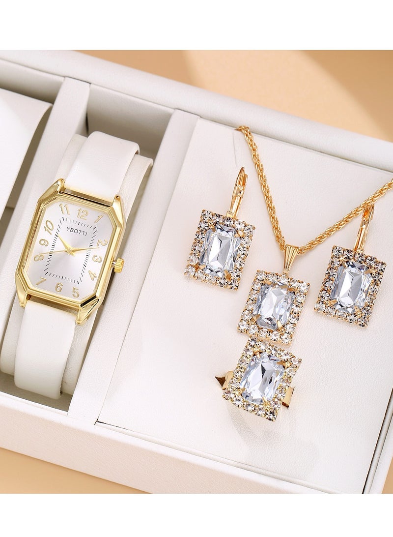 [2025 New Design]Ladies Watch Fashionable Women Quartz Diamond Wristwatch Classic Simple Watches Business Decoration Necklace Ring Earring Girl Gift Set - Image 1