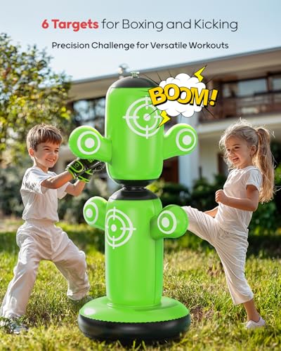 QPAU 360° Rotatable Punching Bag for Kids, Lager 64” Kids Punching Bag with Gloves, Hand Pump & 6 Targets, Bop Bag Inflatable Punching Toy, Karate Gifts for Boys, Girls - Image 3