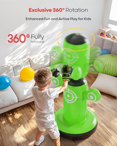 QPAU 360° Rotatable Punching Bag for Kids, Lager 64” Kids Punching Bag with Gloves, Hand Pump & 6 Targets, Bop Bag Inflatable Punching Toy, Karate Gifts for Boys, Girls - Image 2