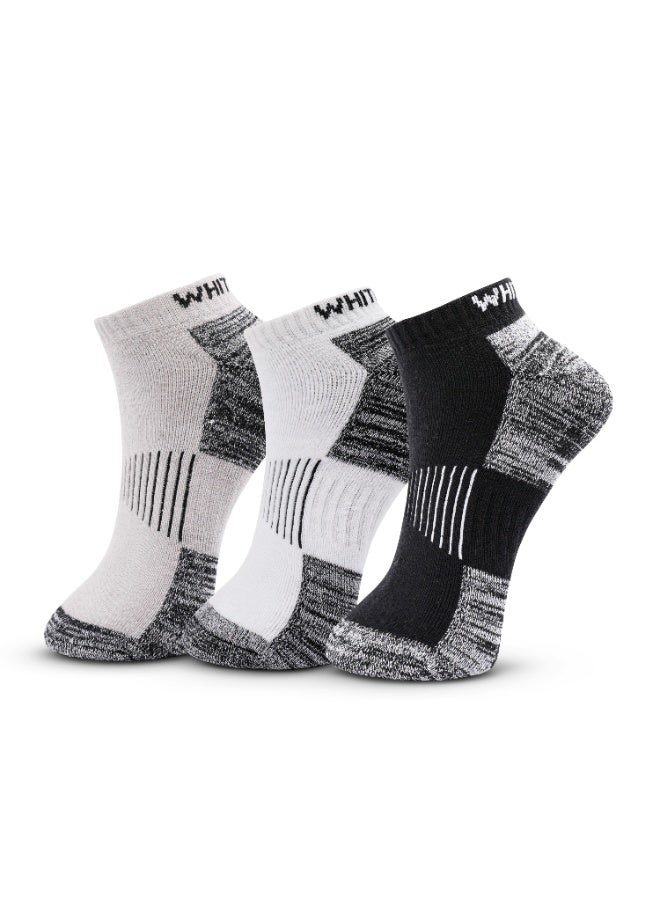 White Leaf 3 Pack Terry Low Cut Socks - Light Grey, Black and White. - Image 1