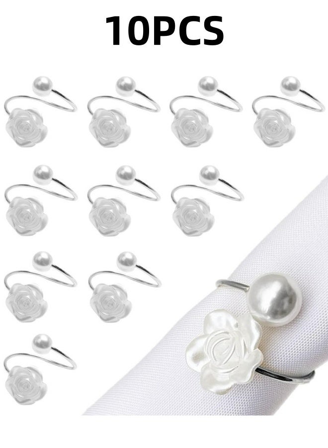10Pcs Napkin Rings White Rose Pearl Decor Vintage Metal Napkin Ring Holders Elegant Table Decor For Valentine's Day Wedding Banquet Home Party Christmas Dinner - Image 1