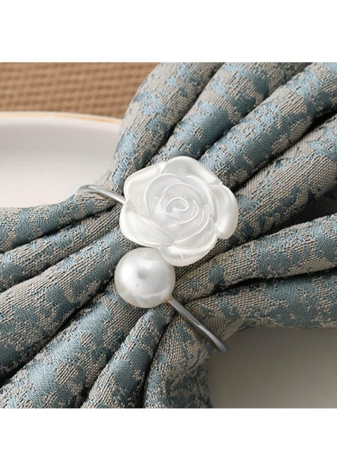 10Pcs Napkin Rings White Rose Pearl Decor Vintage Metal Napkin Ring Holders Elegant Table Decor For Valentine's Day Wedding Banquet Home Party Christmas Dinner - Image 4