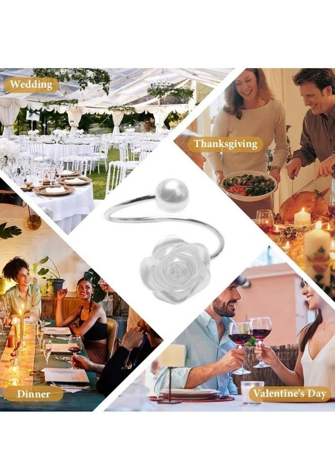 10Pcs Napkin Rings White Rose Pearl Decor Vintage Metal Napkin Ring Holders Elegant Table Decor For Valentine's Day Wedding Banquet Home Party Christmas Dinner - Image 3
