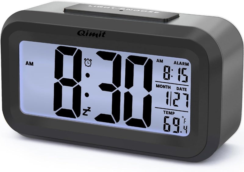 QIMIT Digital Alarm Clock Table Clock for Students Home Office Corporate with Automatic Sensor Date Temperature Black Rectangle Clock