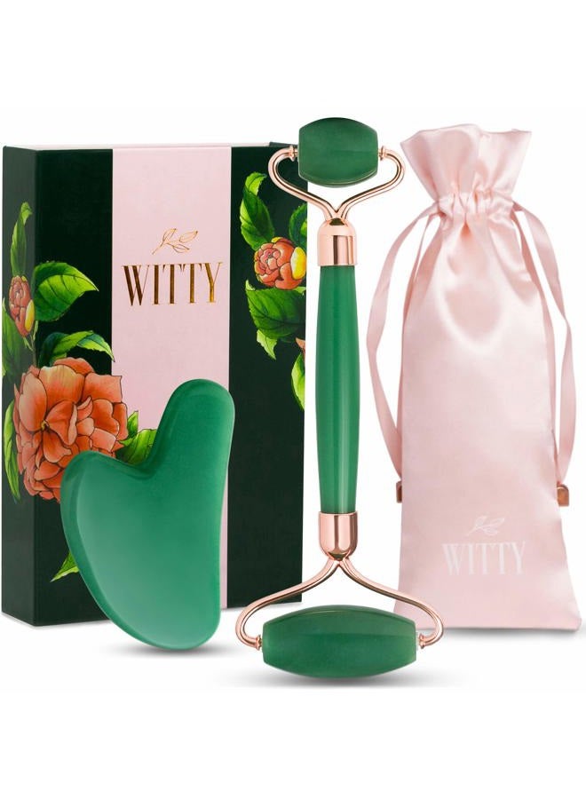 Witty Jade Face Roller and Gua Sha Set in Hand-Drawn Giftbox - Gua Sha Stone, Face Massager Roller, Beauty Massage Face Scraper Tools - Guasha Tool for Face Roller Skin Care, Eyes, Neck - Extra Pouch  - Image 1