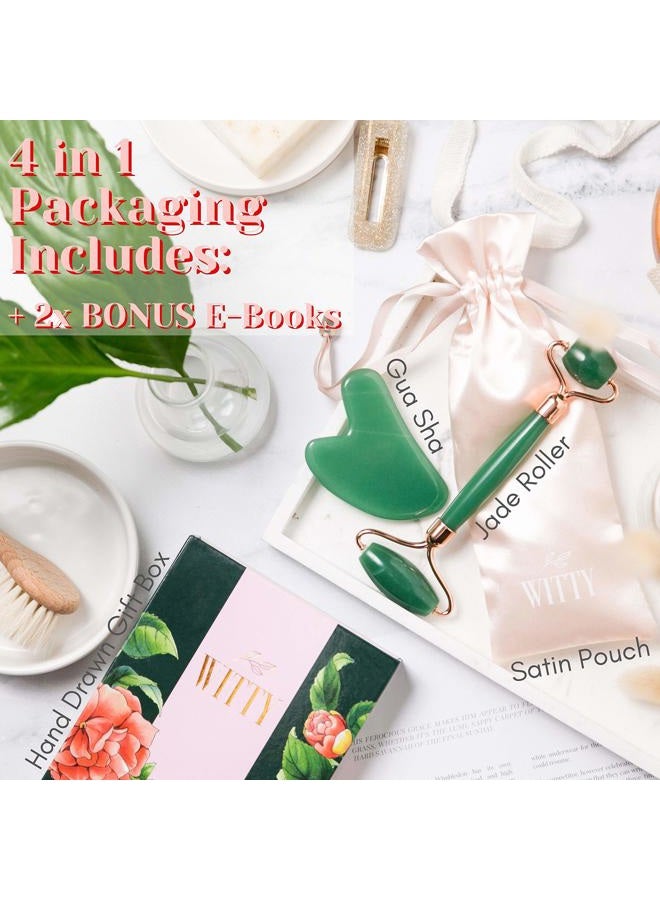 Witty Jade Face Roller and Gua Sha Set in Hand-Drawn Giftbox - Gua Sha Stone, Face Massager Roller, Beauty Massage Face Scraper Tools - Guasha Tool for Face Roller Skin Care, Eyes, Neck - Extra Pouch  - Image 2