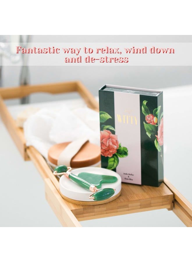 Witty Jade Face Roller and Gua Sha Set in Hand-Drawn Giftbox - Gua Sha Stone, Face Massager Roller, Beauty Massage Face Scraper Tools - Guasha Tool for Face Roller Skin Care, Eyes, Neck - Extra Pouch  - Image 4