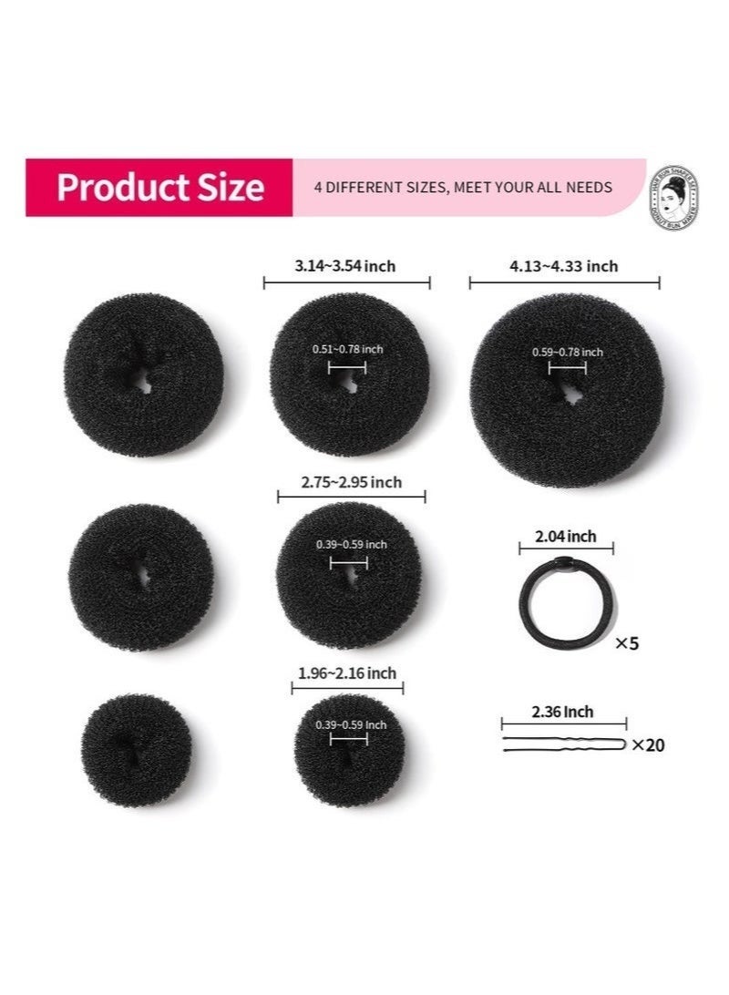 MUMO 7 Hair Bun Makers Set, Black Buns Shaper Hair Styling Accessories Kit with 5 Bands and 20 Bun Pins, Donut Ring Style Chignon Bun Maker, For Ballet Dance (2 Small 2 Medium 2 Large 1 Extra-Large) - Image 4