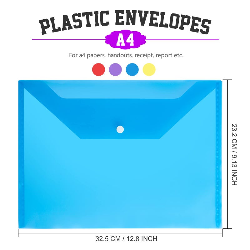 LEOBRO Plastic File Folders for Documents, 4 PCS File Folders, A4 Size Plastic Envelopes with Snap Closure, Clear Envelopes Pouches Folder Organizer Document Holder, Filing Envelopes - Image 2