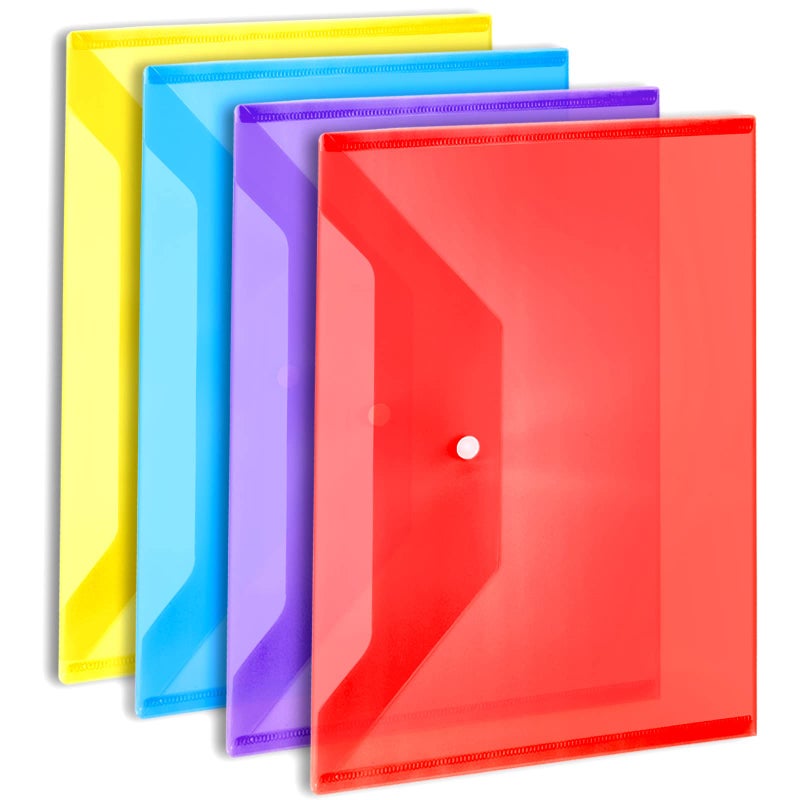 LEOBRO Plastic File Folders for Documents, 4 PCS File Folders, A4 Size Plastic Envelopes with Snap Closure, Clear Envelopes Pouches Folder Organizer Document Holder, Filing Envelopes - Image 1