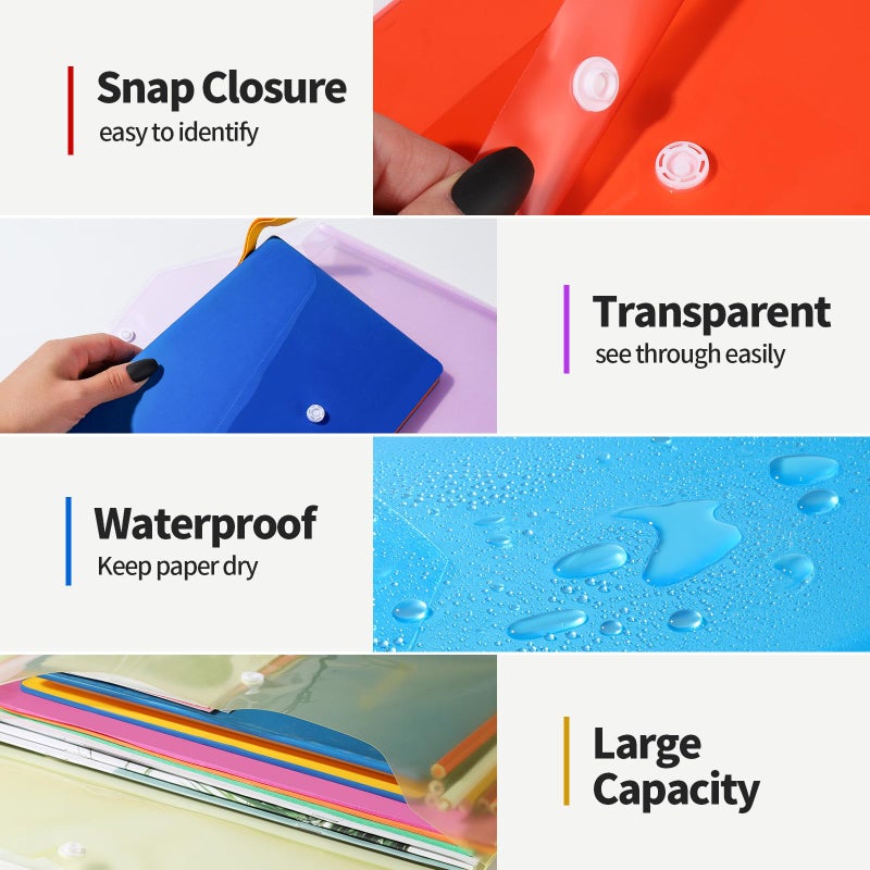 LEOBRO Plastic File Folders for Documents, 4 PCS File Folders, A4 Size Plastic Envelopes with Snap Closure, Clear Envelopes Pouches Folder Organizer Document Holder, Filing Envelopes - Image 3