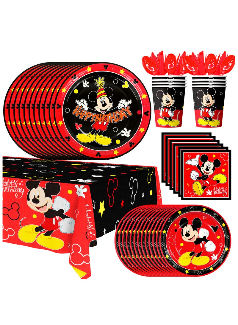 FRUITFUL PARTY Mickey Mouse Disposable Party Tableware for 20 Guests, 141pcs Mickey Mouse Birthday Party Supplies Mickey Mouse Theme Paper Plates Tablecloth etc Mickey Mouse Party Decorations - Image 1