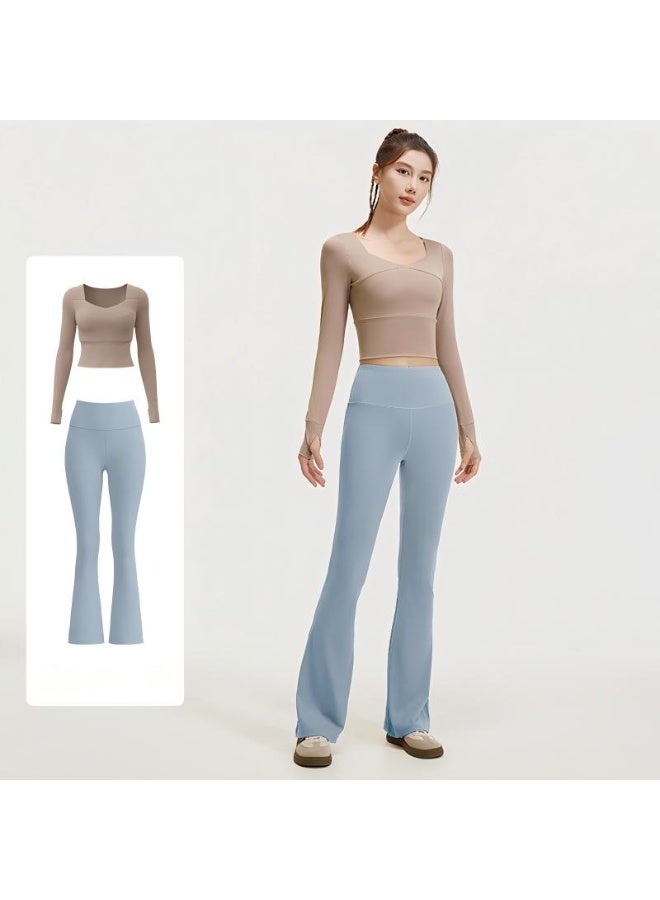 Women 2 Piece Workout Set - Built-in Bra Long Sleeve Crop Top with Thumb Holes & High Waisted Flare Leggings Tummy Control Slimming Tracksuit - Image 1