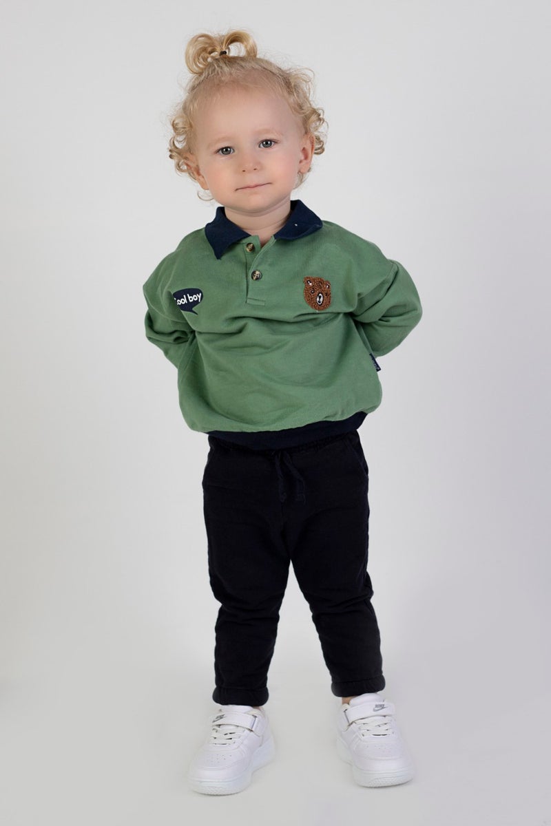 Harika Kids Baby Boy Child Two Yarn Fabric Medium Thickness Polo Collar Knitted Basic Bottom Top Tracksuit Set  - Image 2