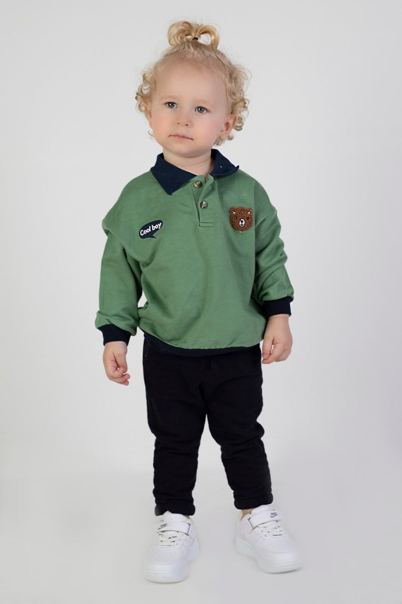 Harika Kids Baby Boy Child Two Yarn Fabric Medium Thickness Polo Collar Knitted Basic Bottom Top Tracksuit Set  - Image 3