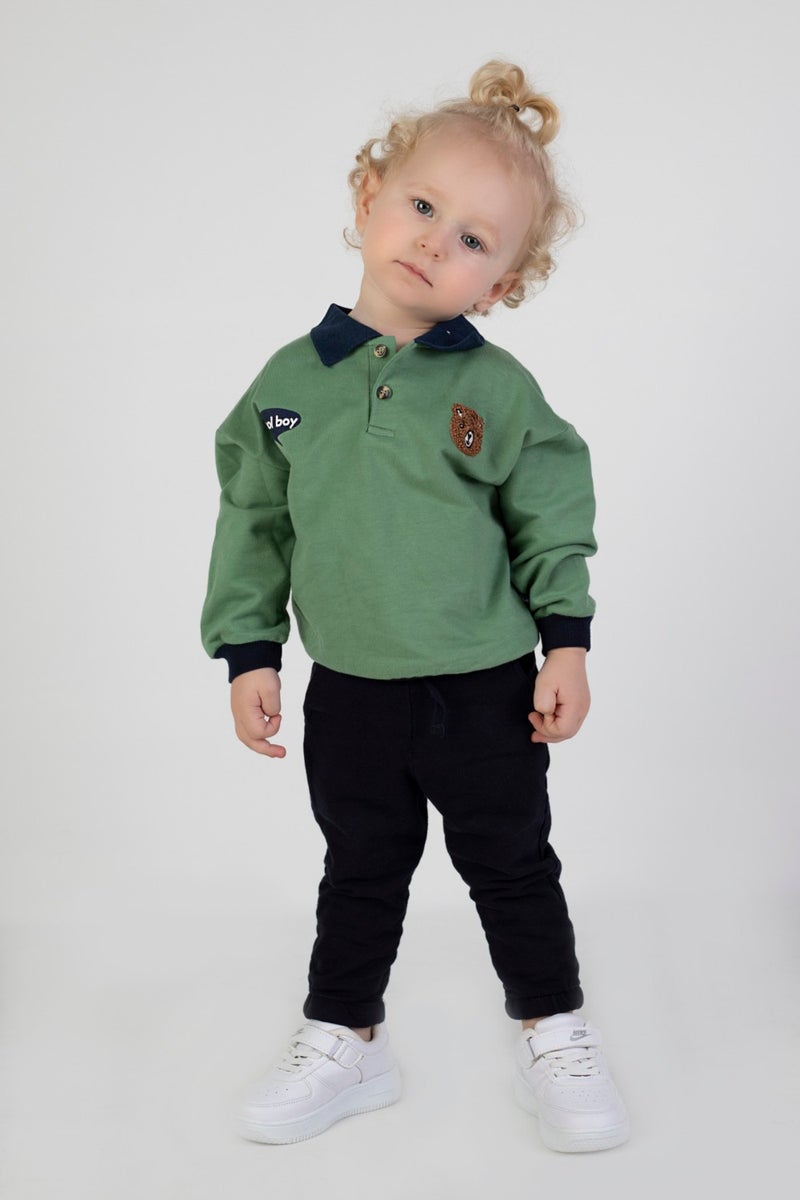 Harika Kids Baby Boy Child Two Yarn Fabric Medium Thickness Polo Collar Knitted Basic Bottom Top Tracksuit Set  - Image 1