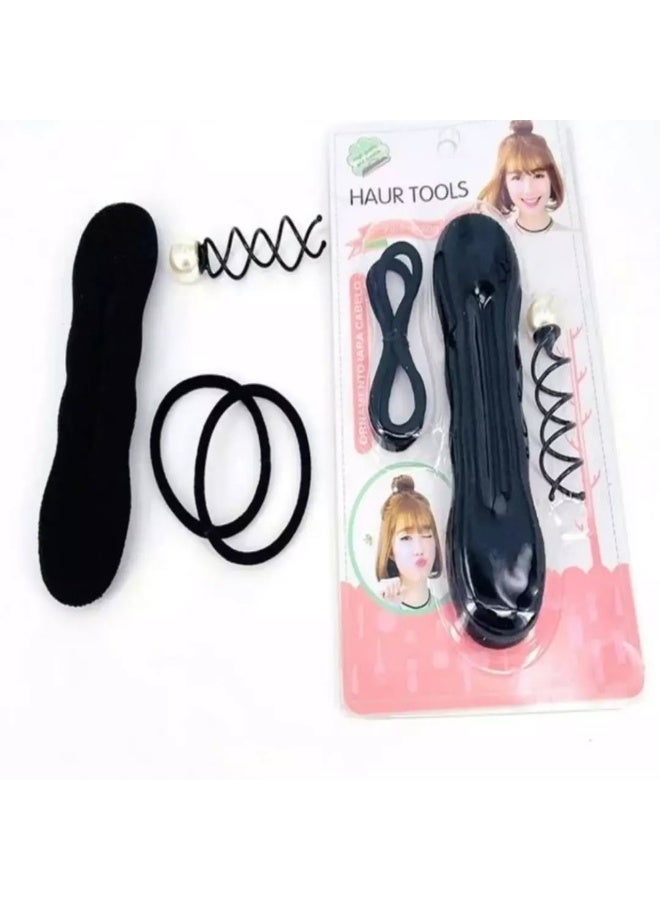 طقم أدوات تصفيف الشعر مع أداة عمل الكعكة وأستيك وإكسسوارات، أسود، مجموعة تسريحات للشعر لجميع الأنواع - Image 1