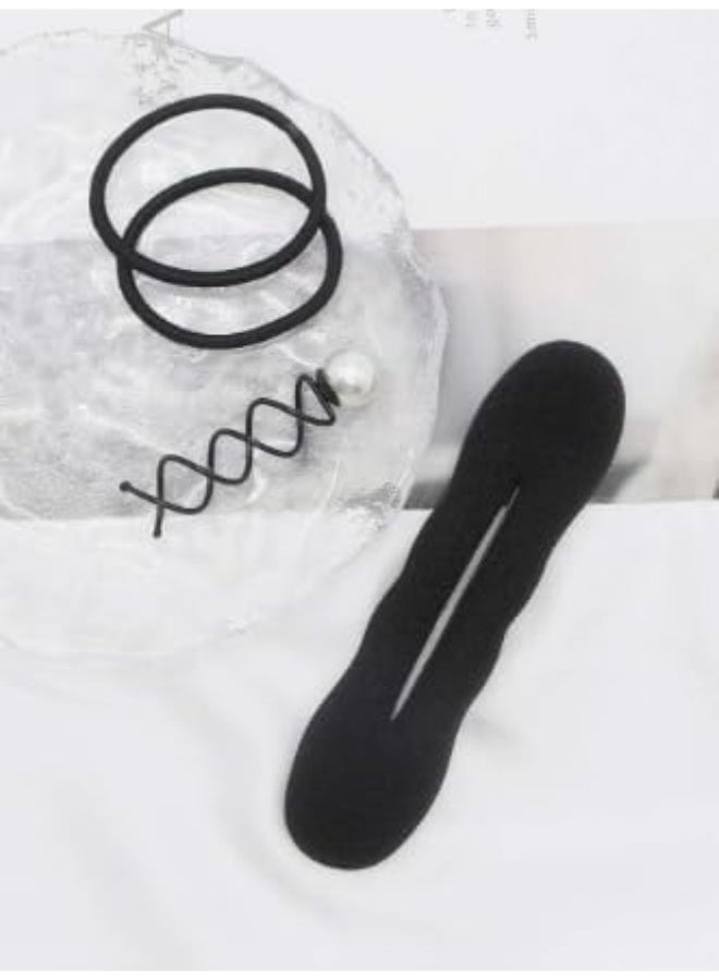 طقم أدوات تصفيف الشعر مع أداة عمل الكعكة وأستيك وإكسسوارات، أسود، مجموعة تسريحات للشعر لجميع الأنواع - Image 2