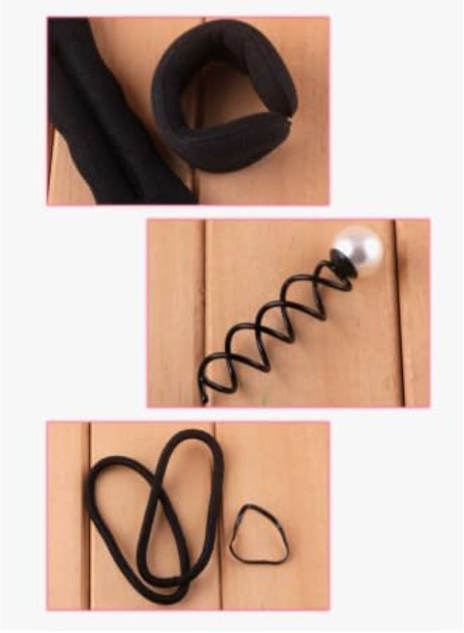 طقم أدوات تصفيف الشعر مع أداة عمل الكعكة وأستيك وإكسسوارات، أسود، مجموعة تسريحات للشعر لجميع الأنواع - Image 3