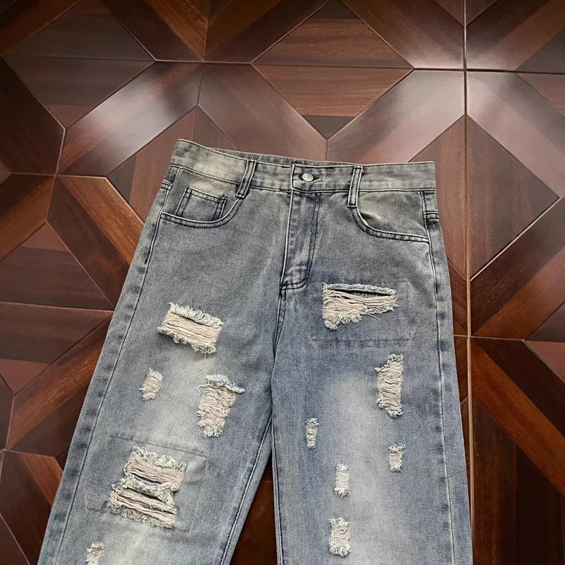 American Streetwear Distressed Ripped Jeans Unisex Washed Straight Leg Long Pants with Zip Hem - Image 4