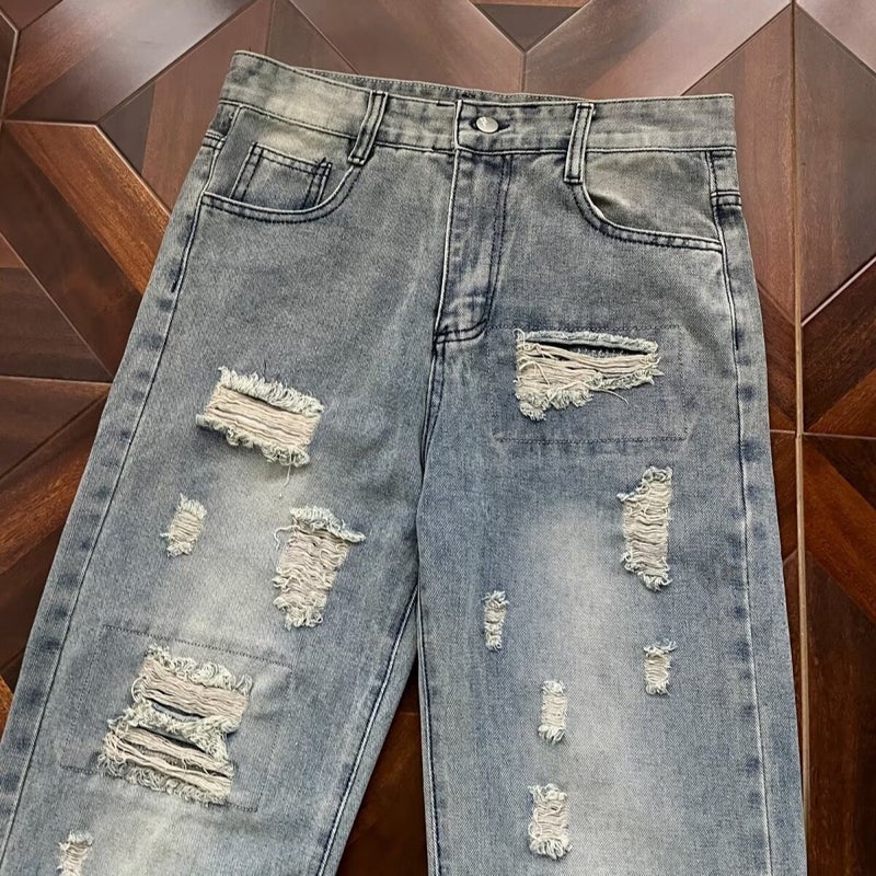 American Streetwear Distressed Ripped Jeans Unisex Washed Straight Leg Long Pants with Zip Hem - Image 2