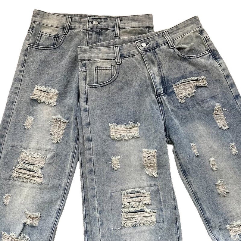 American Streetwear Distressed Ripped Jeans Unisex Washed Straight Leg Long Pants with Zip Hem - Image 5