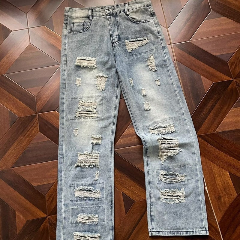 American Streetwear Distressed Ripped Jeans Unisex Washed Straight Leg Long Pants with Zip Hem - Image 1