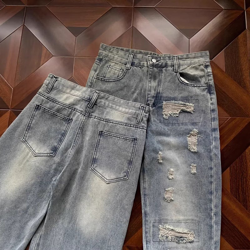 American Streetwear Distressed Ripped Jeans Unisex Washed Straight Leg Long Pants with Zip Hem - Image 3