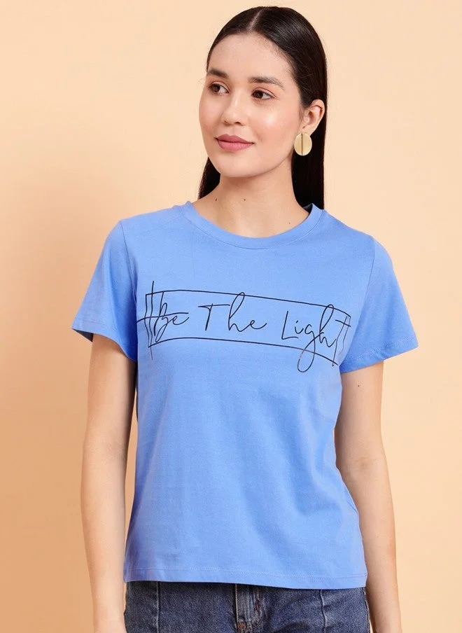 مينت ستريت Blue Typography Printed Casual T-Shirt for Women