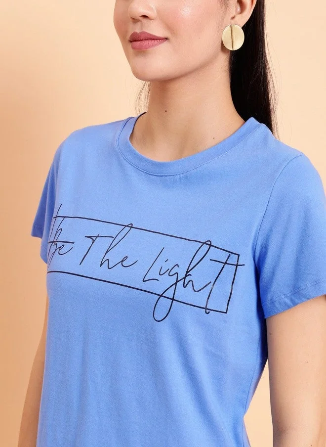 مينت ستريت Blue Typography Printed Casual T-Shirt for Women