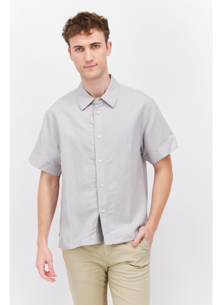 ESPRIT Men Regular Fit Textured Short Sleeves Casual Shirt, Grey  - Image 1
