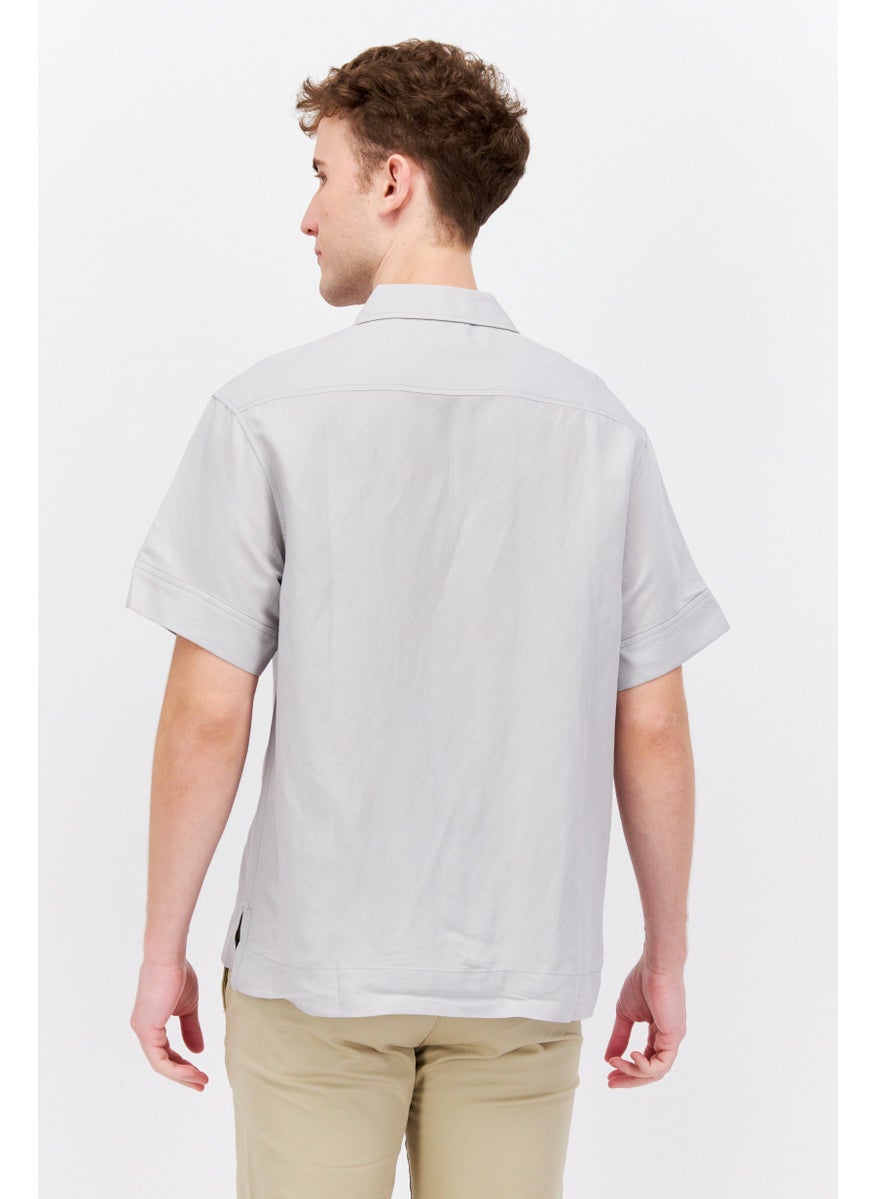 ESPRIT Men Regular Fit Textured Short Sleeves Casual Shirt, Grey  - Image 3