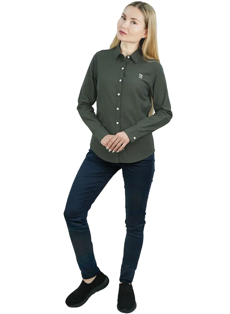 جيوردانو قميص نسائي قطني أكسفورد بقصة ضيقة وتطريز أسد