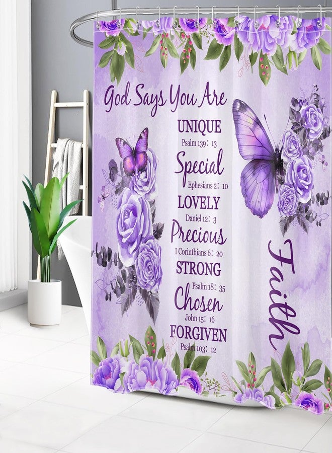 LB Purple Rose Floral Butterfly Shower Curtain Farmhouse Bible Verse Christian Quotes Shower Curtain Set with Hooks Flower and Inspirational Bathroom Decor Polyester Fabric 72Lx72W Inch - Image 2