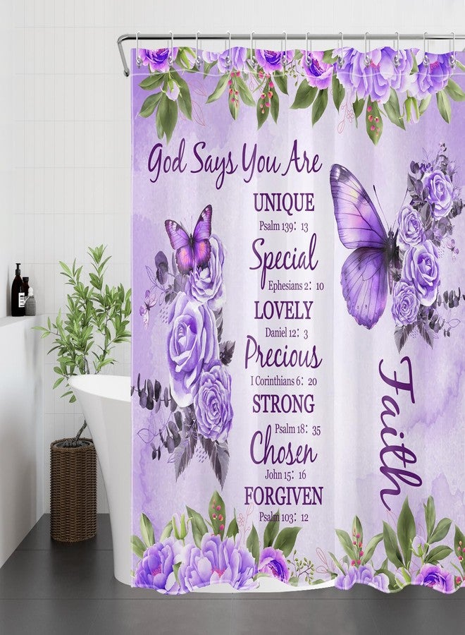 LB Purple Rose Floral Butterfly Shower Curtain Farmhouse Bible Verse Christian Quotes Shower Curtain Set with Hooks Flower and Inspirational Bathroom Decor Polyester Fabric 72Lx72W Inch - Image 3