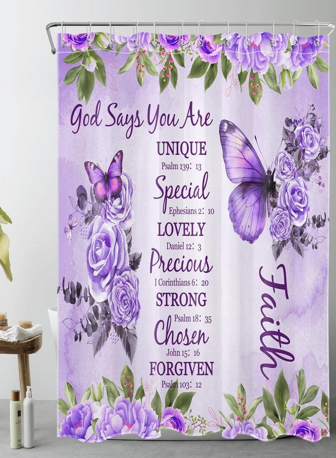 LB Purple Rose Floral Butterfly Shower Curtain Farmhouse Bible Verse Christian Quotes Shower Curtain Set with Hooks Flower and Inspirational Bathroom Decor Polyester Fabric 72Lx72W Inch - Image 1