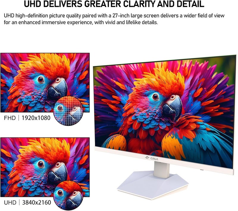 CRUA 27 inch 4K 60Hz Gaming Monitor iPS Flat Display Screen UHD(3840x2160P) 120% sRGB,HDR,Built-in Speaker, RGB Backlight,Suitable for home, office, video and picture design White - Image 2