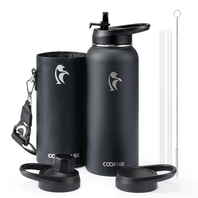 Coolflask 40 oz Water Bottle Insulated with PU Leather Sleeve Water Bottle Stainless Steel Metal with Straw Lid and Spout Lid Double Vacuum Keep Cold 48h Hot 24h Water Flask Polar Black