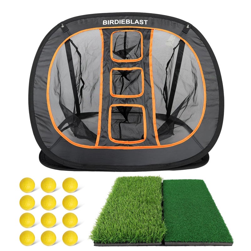 BIRDIEBLAST Professinoal Golf Chipping Net with Golf Hitting Mat12 Practice Foam Balls and 2 Pixing Pins for Indoor and Outdoor Target Chipping Training