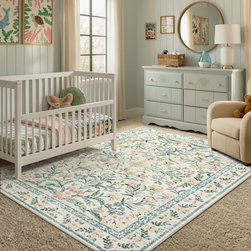 Morebes Floral Machine Washable Area Rugs 5x7, Vintage Boho Nursery Rug Girl Non-Slip, Flower Indoor Floor Throw Carpet for Living Room Bedroom Kitchen Playroom Home, White/Multi - Image 2