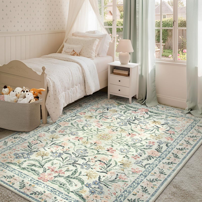 Morebes Floral Machine Washable Area Rugs 5x7, Vintage Boho Nursery Rug Girl Non-Slip, Flower Indoor Floor Throw Carpet for Living Room Bedroom Kitchen Playroom Home, White/Multi - Image 1