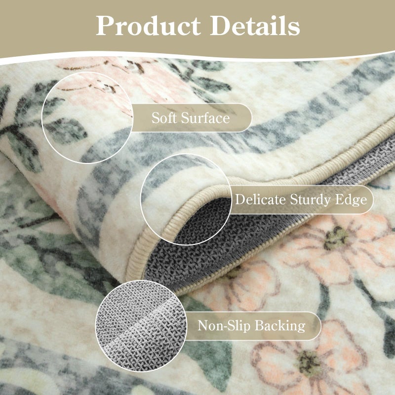 Morebes Floral Machine Washable Area Rugs 5x7, Vintage Boho Nursery Rug Girl Non-Slip, Flower Indoor Floor Throw Carpet for Living Room Bedroom Kitchen Playroom Home, White/Multi - Image 5