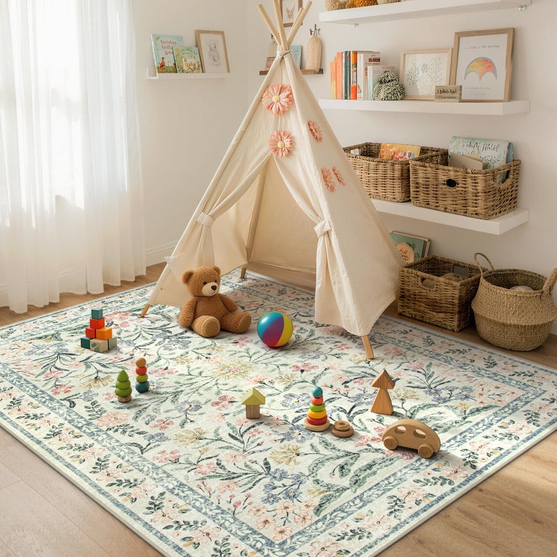 Morebes Floral Machine Washable Area Rugs 5x7, Vintage Boho Nursery Rug Girl Non-Slip, Flower Indoor Floor Throw Carpet for Living Room Bedroom Kitchen Playroom Home, White/Multi - Image 3