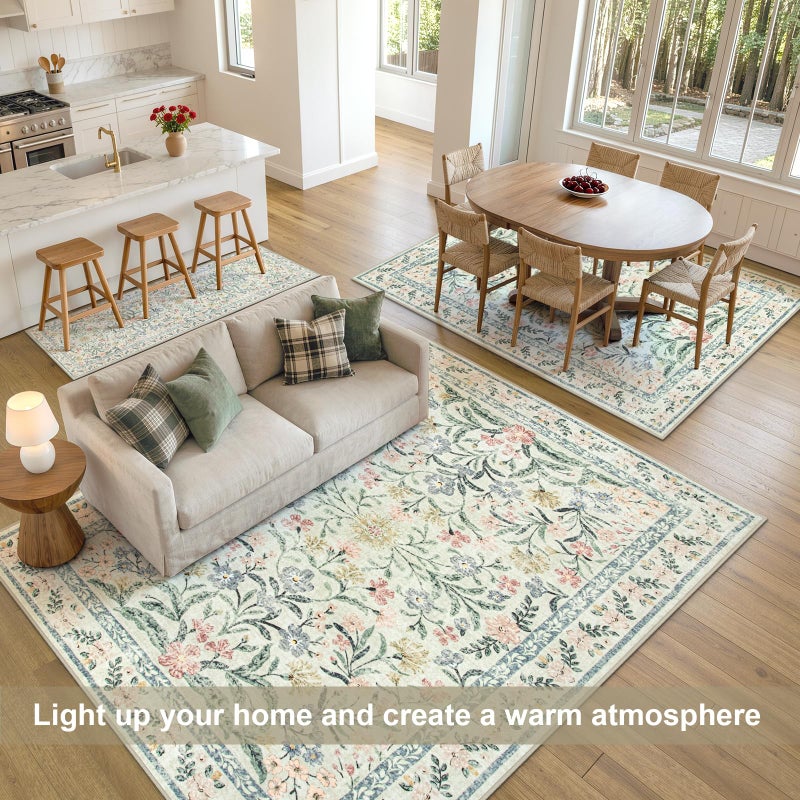 Morebes Floral Machine Washable Area Rugs 5x7, Vintage Boho Nursery Rug Girl Non-Slip, Flower Indoor Floor Throw Carpet for Living Room Bedroom Kitchen Playroom Home, White/Multi - Image 4
