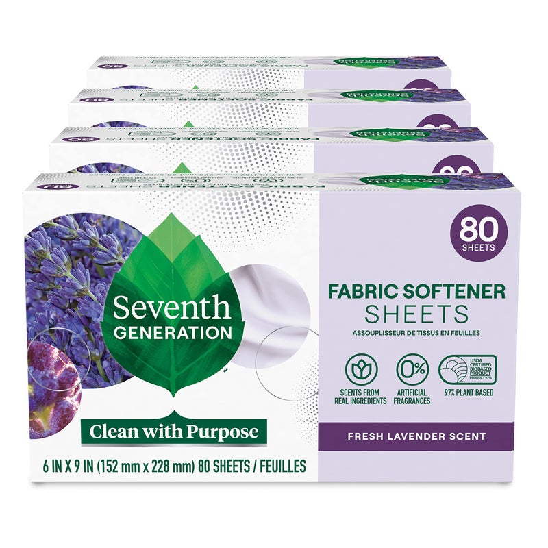Seventh Generation Dryer Sheets Fabric Softener Fresh Lavender Scent with 100 Essential Oils and Botanical Ingredients 80 Sheets Pack of 4