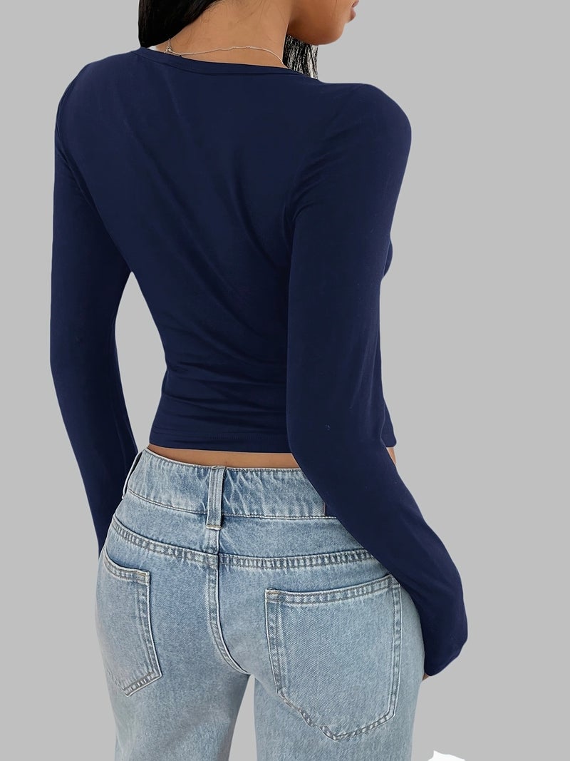 Spring\u002FSummer Fashion Temperament Women'S Round Neck Solid Color Long Sleeve Top - Navy / XS - Image 5